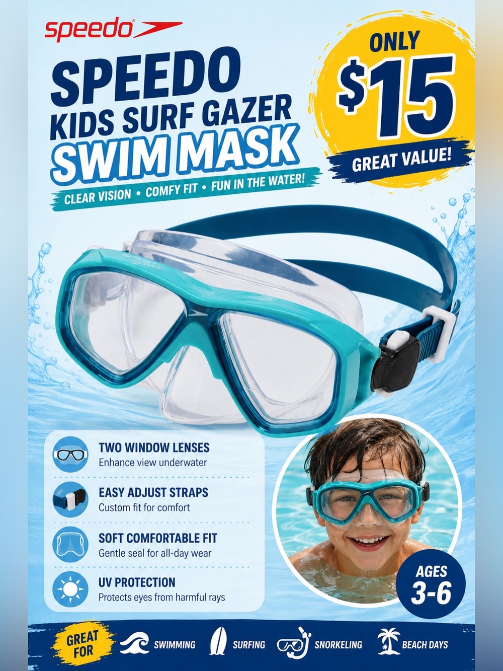 Speedo Kids Surf Gazer Swim Mask Teal and Blue Age 3-6
